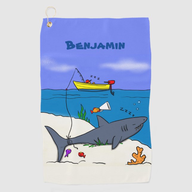 Serviette De Golf Drôle requin couché et dessin animé de pêche (Devant)