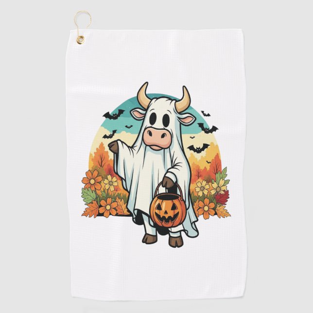 Serviette De Golf Drôle vache fantôme d'Halloween (Devant)