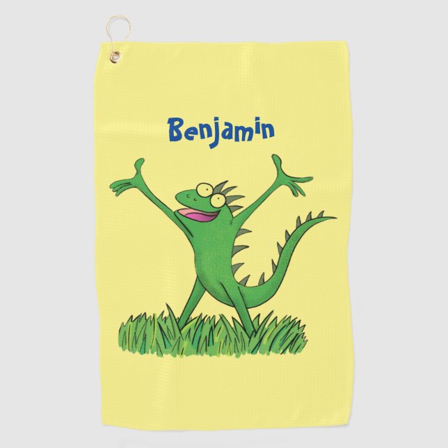Serviette De Golf Drôle vert souriant animé lézard d'iguane (Devant)