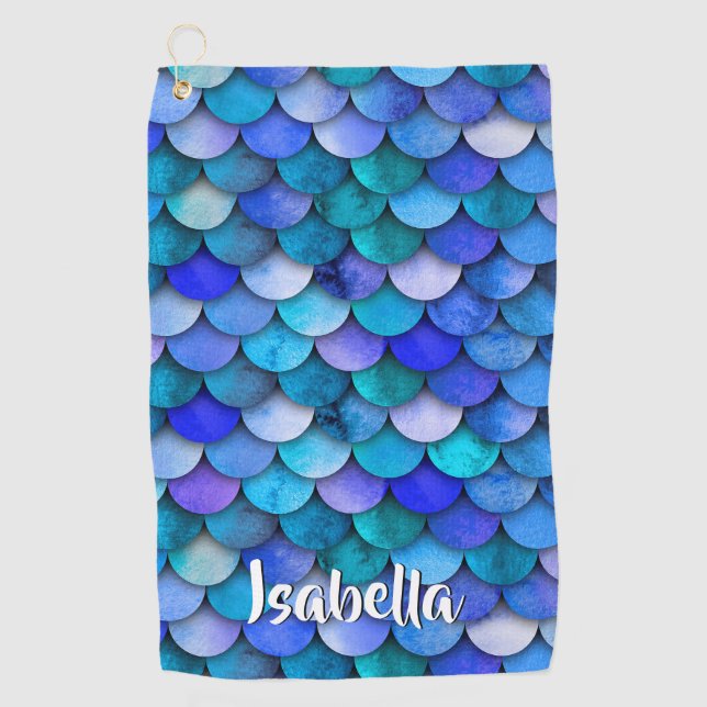 Serviette De Golf Échelle de sirène motif bleu pourpre nom (Devant)