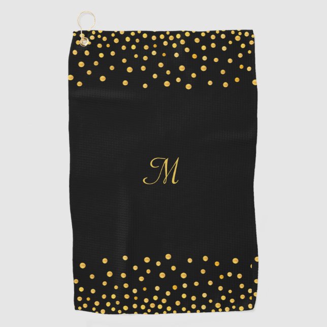 Serviette De Golf Elégant Confetti Or sur Monogramme Noir (Devant)