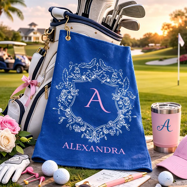 Serviette De Golf Elegant Feminine Preppy Classic Crest Monogram (lady crest navy golf towel)