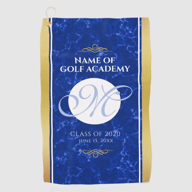 Serviette De Golf Élégant Graduation Monogramme Bleu Marbre Or Huile (Devant)