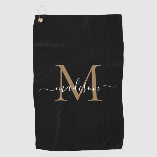 Serviette De Golf Élégant Monogramme Black Gold Girly Nom de script (Devant)