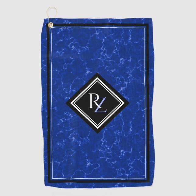 Serviette De Golf Élégant Monogramme de diamant noir en marbre bleu  (Devant)