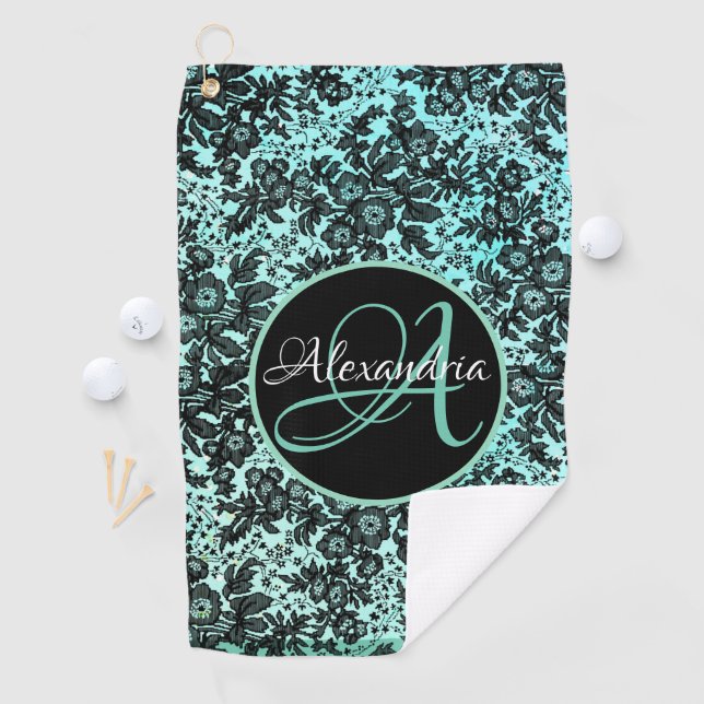 Serviette De Golf Élégant Monogramme floral bleu turquoise et noir (En situation)