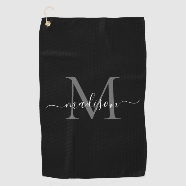 Serviette De Golf Élégant Monogramme Noir Blanc Fille Nom du script (Devant)