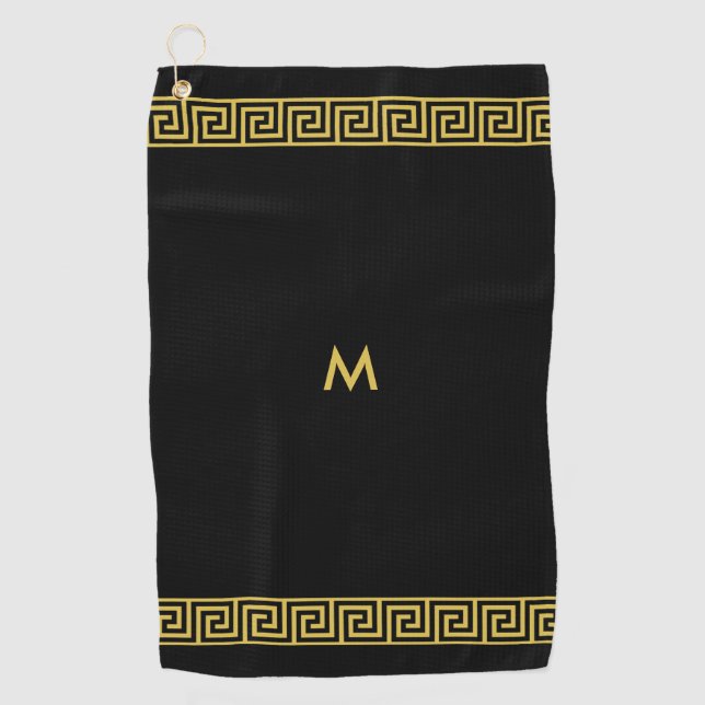 Serviette De Golf Elégant Motif grec d'or et Monogramme sur Noir (Devant)