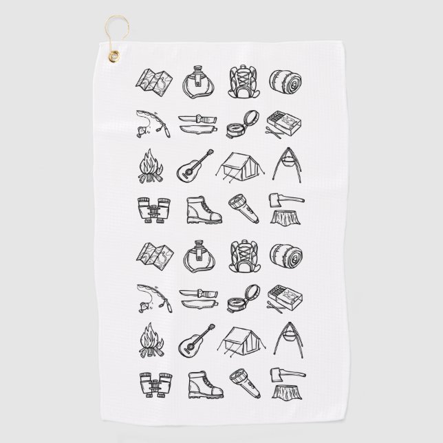 Serviette De Golf Éléments de camping noir et blanc (Devant)