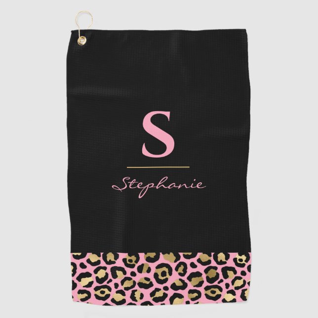 Serviette De Golf Empreinte de léopard rose et or Monogramme | Bloc  (Devant)