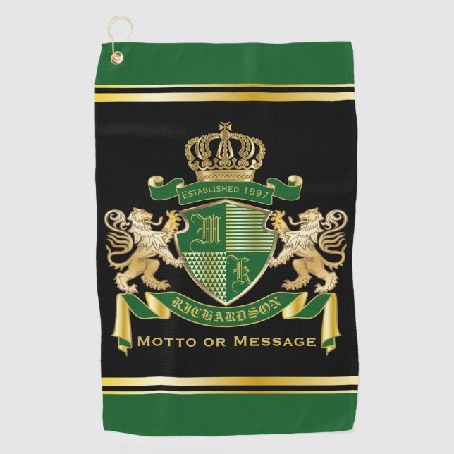 Serviette De Golf Faites votre propre blason Green Gold Lion Emblem (Devant)