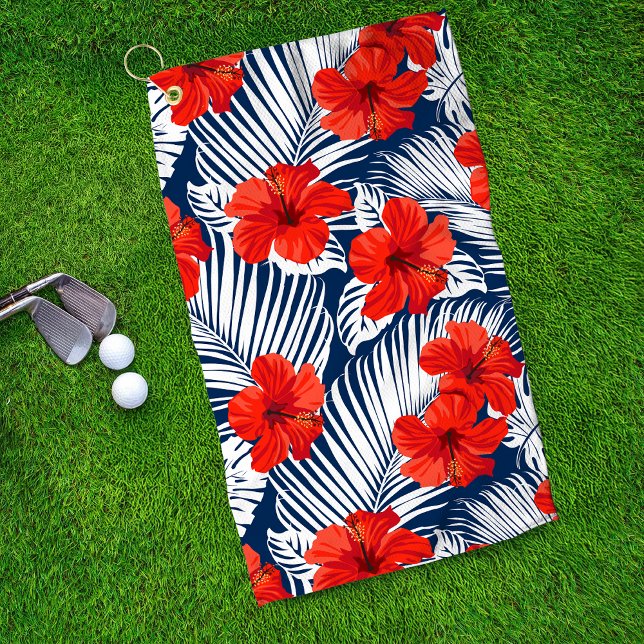 Serviette De Golf Feuillage tropical Hibiscus floral rouge (Créateur téléchargé)