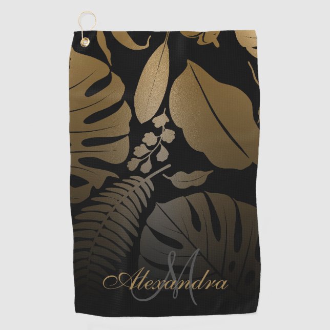 Serviette De Golf Feuilles tropicaux Noir et Or (Devant)