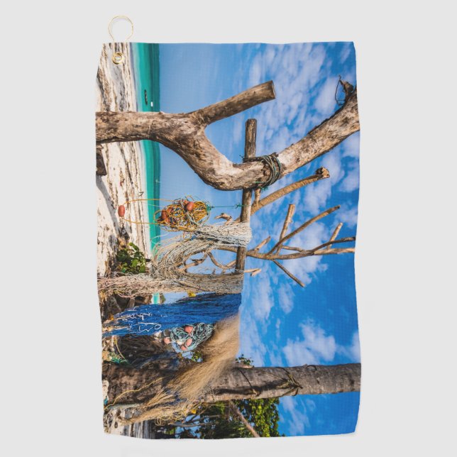 Serviette De Golf Filets de pêche séchant sur la plage (Devant)