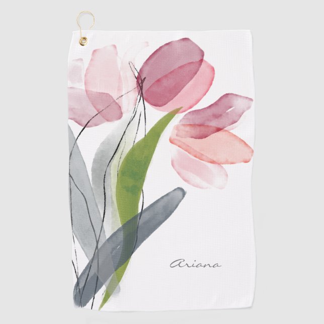 Serviette De Golf Fille Tulipes Florales Rose Feuille Blanc (Devant)