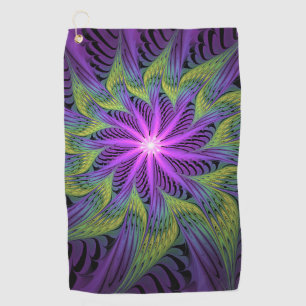 Serviette De Golf Fleur Abstraite Moderne de Fractale Violette Verte