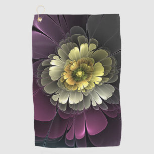 Serviette De Golf Fleur fractale grise et pourpre moderne abstraite