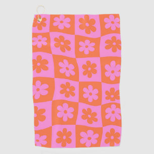 Serviette De Golf Fleurs À damiers rétro déformées rose orange