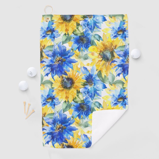 Serviette De Golf Fleurs jaunes bleues (En situation)