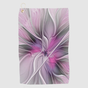 Serviette De Golf Floral Fractal moderne Fleur Abstraite rose gris