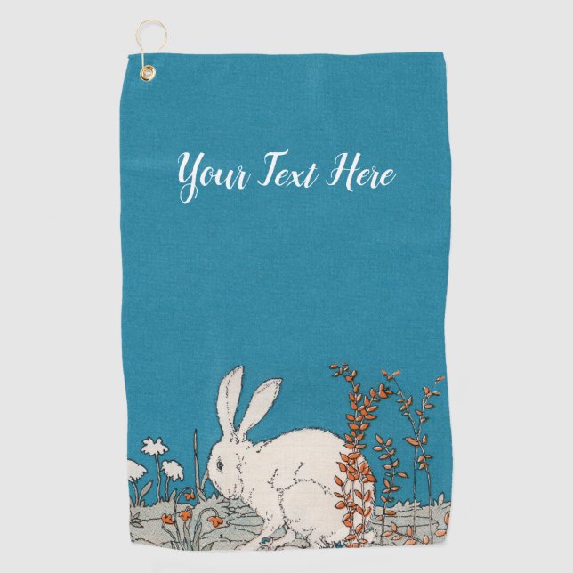 Serviette De Golf Fluffy White Rabbit assis en Fleurs Bleu (Devant)