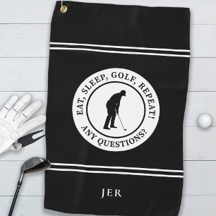 Serviette De Golf Fun Golfer Monogramme moderne pour lui noir & blan