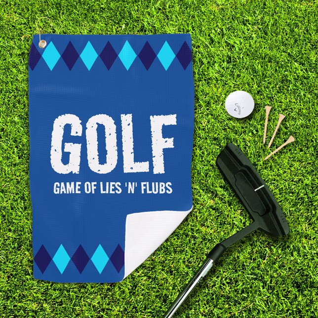 Serviette De Golf Funny Blue Jacquard Golf (Game of Lies 'n' Flubs) (Game of Lies 'n' Flubs blue argyle golf towel with putter, golf ball, and 3 tees on golf green)