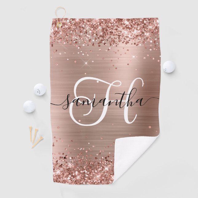 Serviette De Golf Glitterie Rose or Glam Monogramme (En situation)