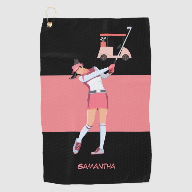 Serviette De Golf Golf Lady femme golfeur en robe rose panier (Devant)