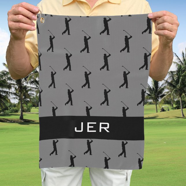 Serviette De Golf Golfer Customisé Monogramme Motif gris noir (Créateur téléchargé)