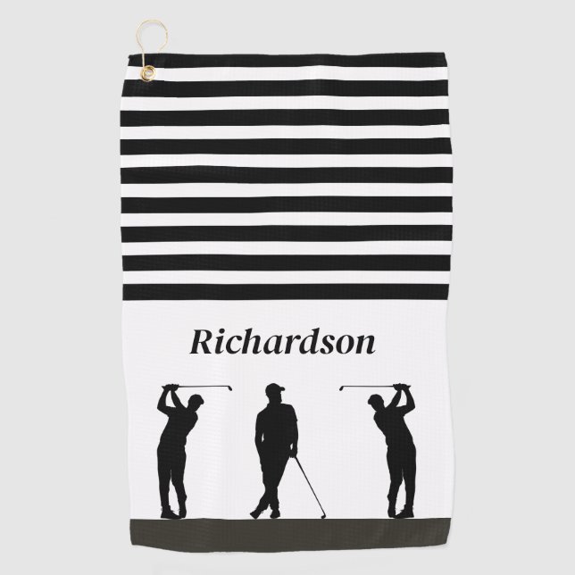 Serviette de golf Golfer en silhouette noire et bl (Devant)