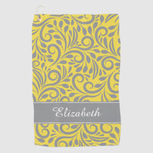Serviette De Golf Golfeur Floral abstrait monogrammé jaune gris
