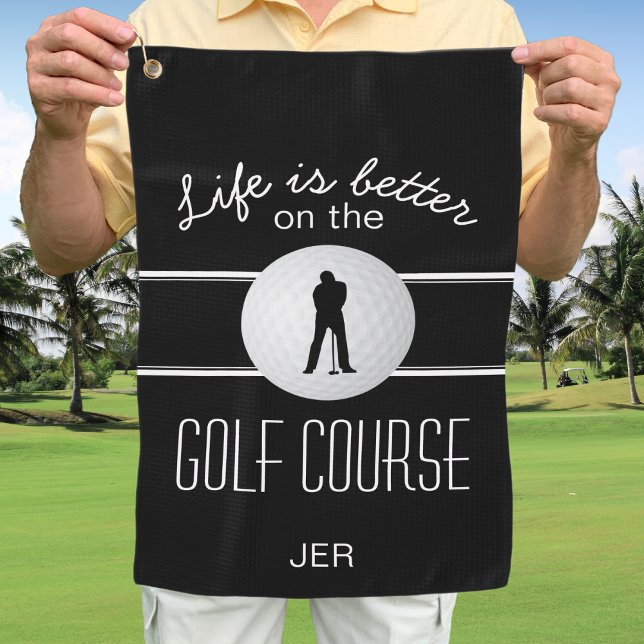 Serviette De Golf Golfeur Pro Citation Monogrammé Noir Blanc Moderne (Modern Golfer Pro Quote Men's Monogrammed Black White Golf Towel)