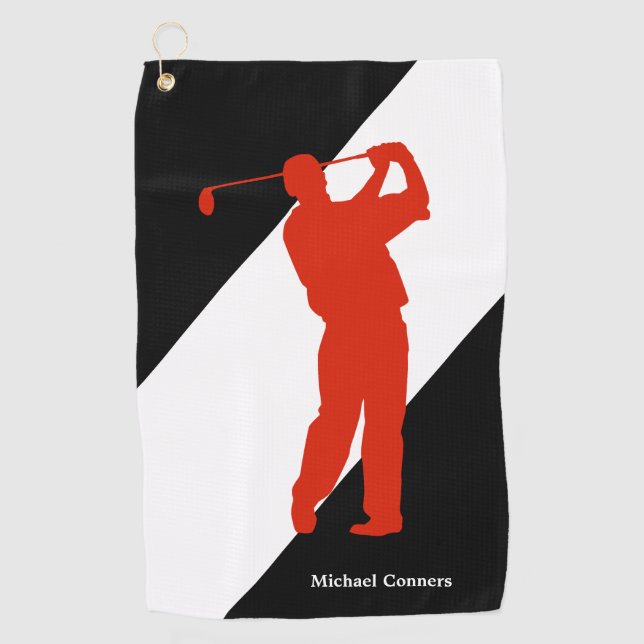 Serviette De Golf Golfeur rouge sur noir blanc (Devant)