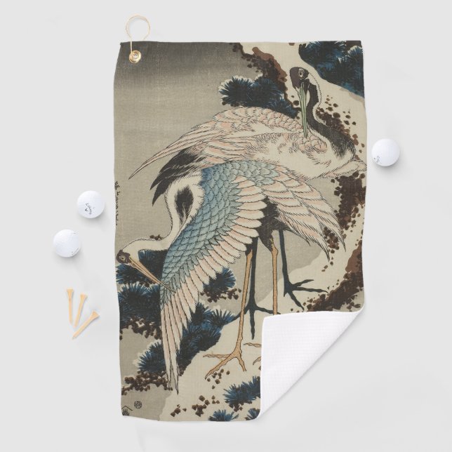 Serviette De Golf Grues sur un pin couvert de neige Hokusai (En situation)