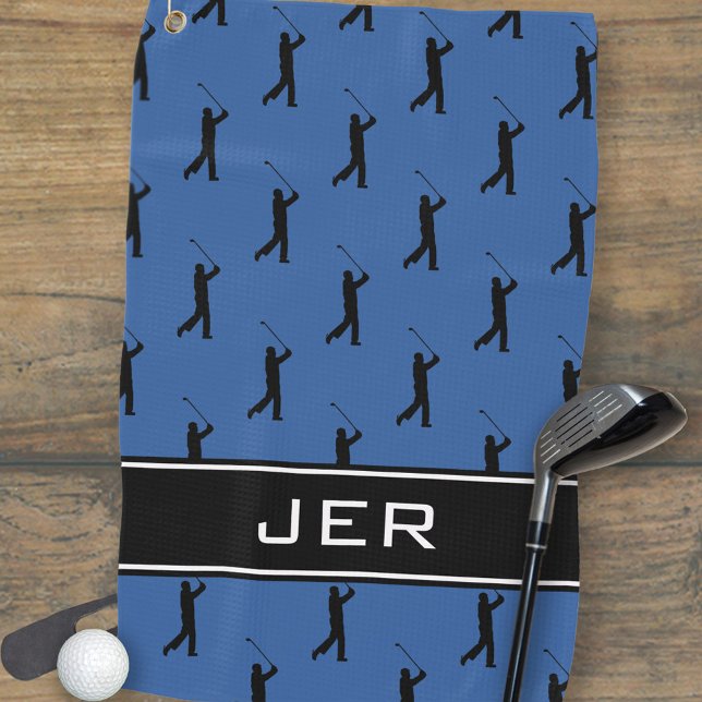Serviette De Golf Initiales customisées Golfer Black Motif Bleu (Customized Initials Golfer Black Pattern Blue Golf Towel)