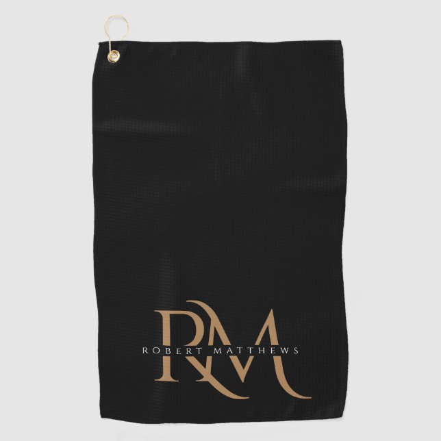 Serviette De Golf Initiales modernes Noir et Or Élégant Monogramme (Devant)