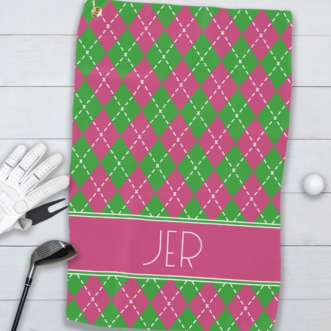 Serviette De Golf Initiales personnalisées Monogrammes couleur rose  (Argyle Plaid Pink Green Custom Monogram Initials Golf Towel)