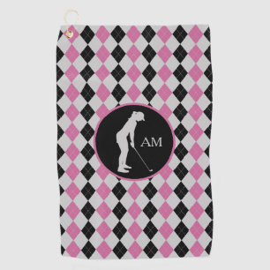 Serviette De Golf Jacquard noir rose Silhouette Monogramme de golf