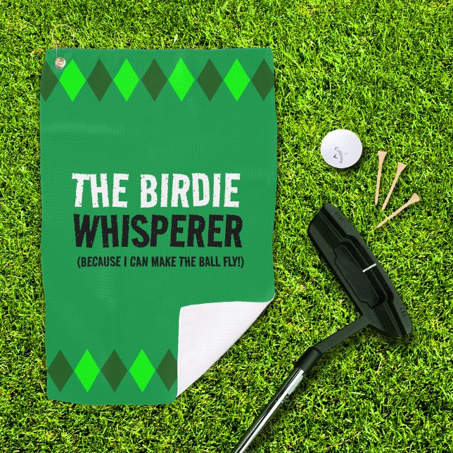 Serviette De Golf Jacquard Vert La Birdie Whisperer (The Birdie Whisperer green argyle golf towel with putter, ball, and 3 tees on golf green)