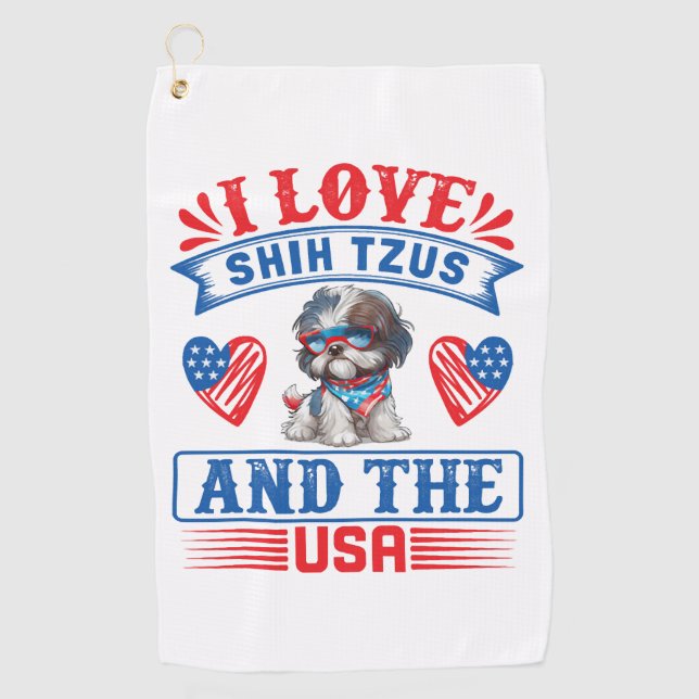 Serviette De Golf J'aime Shih Tzus et les USA (Devant)
