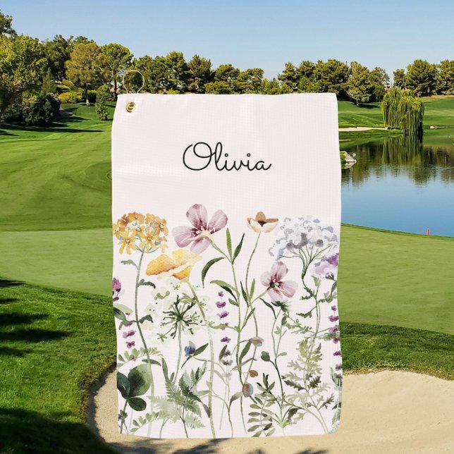 Serviette De Golf Jardin Fleur sauvage de l'aquarelle monogramme (In situ)