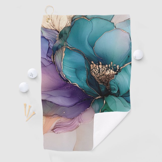 Serviette De Golf Joli Aqua bleu violet or Floral (En situation)