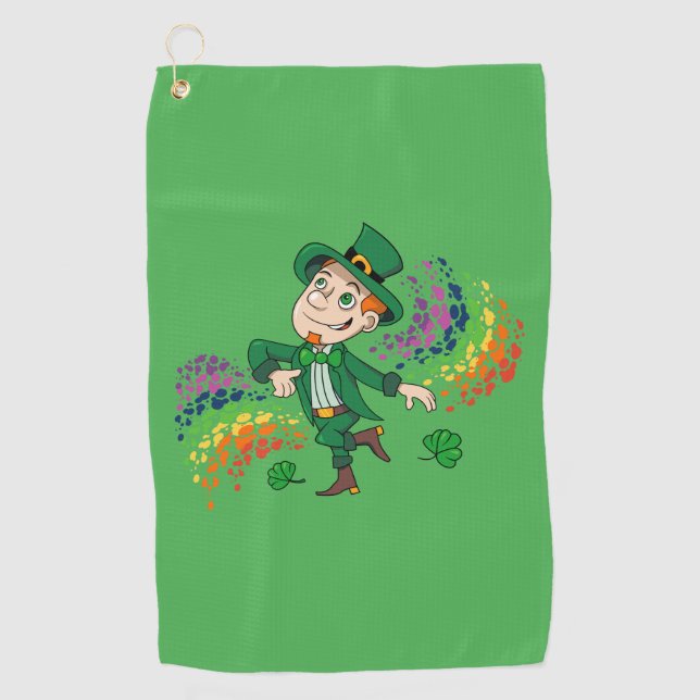 Serviette De Golf Joli et souriant dancing leprechaun, un arc-en-cie (Devant)