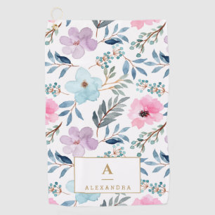 Serviette De Golf Joli Pastel Blue Aquarelle Fleurs Monogramme 