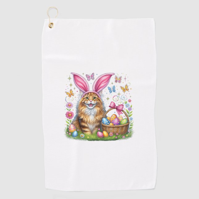Serviette De Golf Joyeuses Pâques Lapin Mignon Chat Maine Coon Œufs  (Devant)