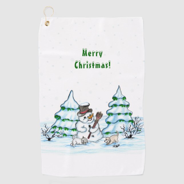 Serviette De Golf Joyeux Noël ! Snowman avec chat et chiot (Devant)