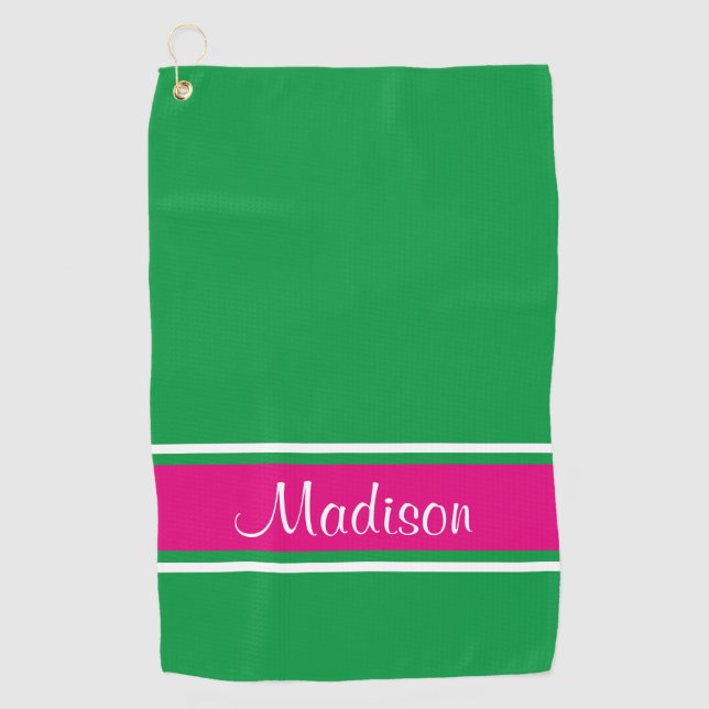 Serviette De Golf Kelly Green Pink Stripe Nom du script (Devant)