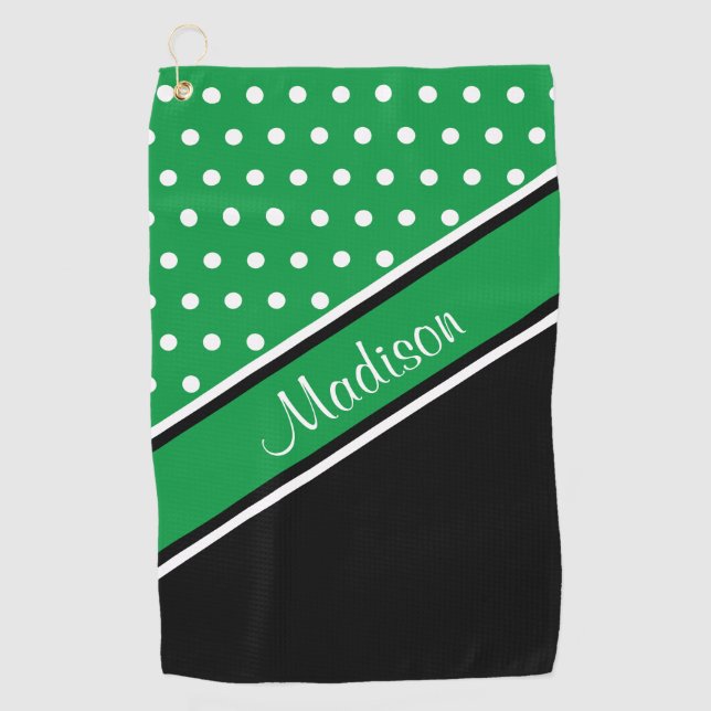Serviette De Golf Kelly Green Polka Dot Black Diagonal Nom du script (Devant)