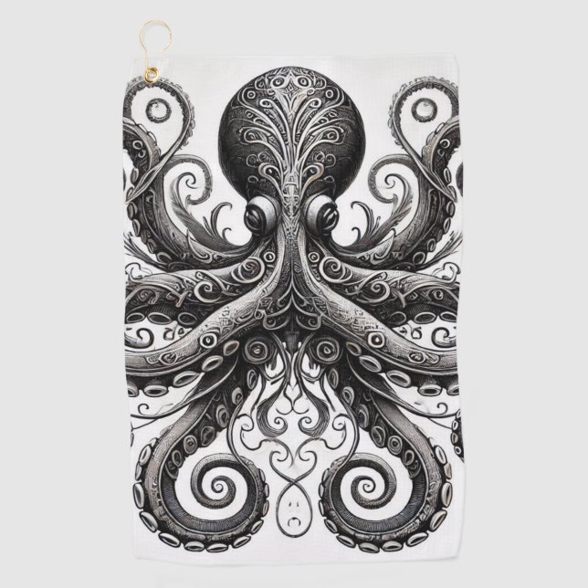 Serviette De Golf Kraken Steampunk Octopus Ornate Black (Devant)